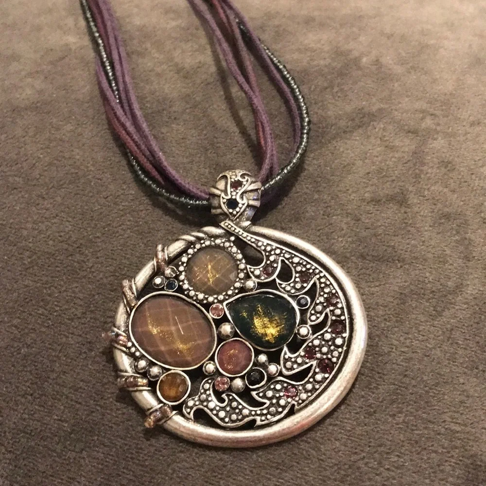 Boho Silver Statement Pendant Necklace Multi-Strand Purple Cord Earth Tones - Picture 4 of 6